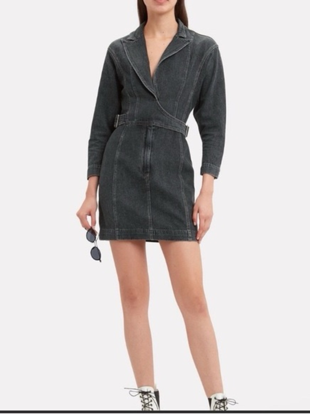 Jean Atelier Gia wrap denim dress in a faded stone wash